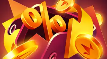 Изображение золотого символа процента в окружении золотых монет, символизирующее кэшбэк-бонус в Goodwin Интернет-казино.